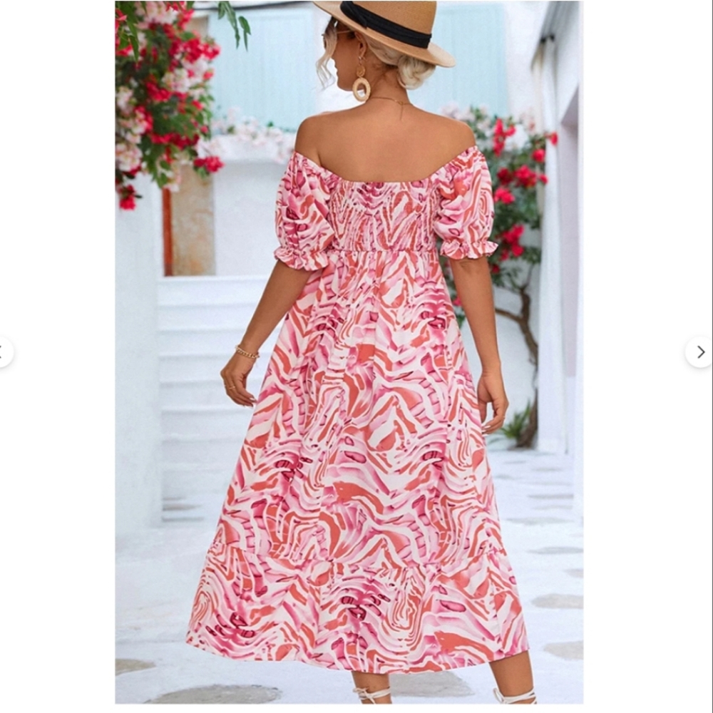 BeachSissi Smocked Midi Dress Off Shoulder Pink Swirl Sz Small NWT - Picture 2 of 16